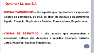 QUANTO A LEI DAS S/A
 CONTAS PATRIMONIAIS – são aquelas que representam e expressam
valores do patrimônio, ou seja, do ativo, do passivo e do patrimônio
líquido. Exemplo: Duplicatas a Receber, Fornecedores, Empréstimos.
 CONTAS DE RESULTADO – são aquelas que representam e
expressam valores das despesas e receitas. Exemplo: Salários,
Juros, Passivos, Receitas Financeiras.
 