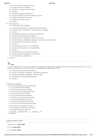25/6/2014 IOB Online
http://www.iobonline.com.br/pages/coreonline/coreonlineDocuments.jsf?guid=I61804005D8C5E792E040DE0A24AC1D53&nota=1&tipodoc=3&… 12/13
4.2.2.05.003 Variações Cambiais Passivas
4.2.2.05.004 Descontos Concedidos
4.2.2.05.005 Juros sobre o Capital Próprio
4.2.2.05.006 ...
4.2.2.06 Outras Despesas Operacionais
4.2.2.06.001 Provisão para Perdas e Ajustes de Ativos
4.2.2.06.002 Equivalência Patrimonial
4.2.2.06.003 Amortização de Ágio
4.2.2.06.004 ...
4.3 Outras Despesas
4.3.1 Outros Resultados Negativos
4.3.1.01 Resultados Negativos na Alienação de Investimentos
4.3.1.01.001 Perdas na Alienação de Participações em Coligadas
4.3.1.01.002 ...
4.3.1.02 Resultado Negativo na Alienação do Imobilizado
4.3.1.02.001 Perdas na Alienação de Imóveis
4.3.1.02.002 Perdas na Alienação de Móveis e Utensílios
4.3.1.02.003 Perdas na Alienação de Máquinas, Equipamentos e Ferramentas
4.3.1.02.004 Perdas na Alienação de Veículos
4.3.1.02.005 ...
4.3.1.03 Resultado de Sinistros com Imobilizado
4.3.1.03.001 Perdas em Sinistros com Imobilizado
4.3.1.03.002 ...
4.3.1.04 Outras Baixas do Ativo Não Circulante*
4.3.1.04.001 Baixas de Investimentos Permanentes
4.4.1.04.002 Baixas de Imobilizado
4.4.1.04.003...
Nota
* Contas utilizáveis para o registro de baixas por obsolescência, deterioração, desaparecimento, sinistros não ressarcidos, etc., ou seja,
baixas em relação às quais não tenha havido o correspondente recebimento de receita.
4.4.1.05 Provisões para Perdas Permanentes
4.4.1.05.001 Controladas e Coligadas - Equivalência Patrimonial
4.4.1.05.002 Controladas e Coligadas - Custo Corrigido
4.4.1.05.003 Outras Participações Societárias
4.4.1.05.004 ...
5. CONTAS DE APURAÇÃO
5.1 Custo dos Produtos e dos Serviços Vendidos
5.1.1 Custo dos Produtos Vendidos
5.1.1.01 Custo dos Produtos Vendidos
5.1.1.01.001 Custo dos Produtos Vendidos
5.1.2 Custo dos Serviços Prestados
5.1.2.01 Custo dos Serviços Prestados
5.1.2.01.001 Custo dos Serviços Prestados
5.1.3 Custo das Mercadorias Vendidas
5.1.3.01 Custo das Mercadorias Vendidas
5.1.3.01.001 Custo das Mercadorias Vendidas
5.1.4 Apuração do Resultado do Exercício
5.1.4.01 Apuração do Resultado do Exercício
5.1.4.01.001 Resultado do Exercício
5.1.4.01.002 Ganhos/Perdas na Alienação de
Imobilizado
Legislação Referenciada
Instrução CVM nº 469/2008
Lei nº 11.638/2007
Lei nº 11.941/2009
 