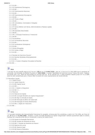 25/6/2014 IOB Online
http://www.iobonline.com.br/pages/coreonline/coreonlineDocuments.jsf?guid=I61804005D8C5E792E040DE0A24AC1D53&nota=1&tipodoc=3&e… 7/13
2.2.1.01.001 ...
2.2.1.02 Empréstimos Estrangeiros
2.2.1.02.001 ...
2.2.1.03 Financiamentos Nacionais
2.2.1.03.001 ...
2.2.1.04 Financiamentos Estrangeiros
2.2.1.04.001 ...
2.2.1.05 Títulos a Pagar
2.2.1.05.001 ...
2.2.1.06 Controladora, Controladas e Coligadas
2.2.1.06.001 ...
2.2.1.07 Outros Débitos com Sócios, Administradores e Pessoas Ligadas
2.2.1.07.001 ...
2.2.1.08 Duplicatas Descontadas
2.2.1.08.001 ...
2.2.1.09 (-) Encargos Financeiros a Transcorrer
2.2.1.09.001 ...
2.2.2 Fornecedores
2.2.2.01 Fornecedores Nacionais
2.2.2.01.001 ...
2.2.2.02 Fornecedores Estrangeiros
2.2.2.02.001 ...
2.2.3 Outras Obrigações
2.2.3.01 Contas a Pagar
2.2.3.01.001 ...
2.2.4 Receitas de Exercícios Futuros*
2.2.4.01 Receitas Recebidas Antecipadamente
2.2.4.01.001 ...
2.2.4.02 (-) Custos e Despesas Vinculadas às Receitas
2.2.4.02.001 ...
Nota
* Em face da nova redação dada ao § 2º do art. 178 da Lei nº 6.404/1976 , pelo art. 37 da Lei nº 11.941;2009 (que é resultante da
conversão, com emendas, da Medida Provisória nº 449/2008 ), o grupo "Resultados de Exercícios Futuros" deixou de existir. Todavia,
de acordo com o art. 299-B da mencionada Lei (incluído pelo art. 38 da referida Lei), o saldo existente naquele grupo em 31.12.2008
deve ter sido reclassificado para o Passivo Não Circulante em conta representativa de receita diferida.
2.3 Patrimônio Líquido
2.3.1 Capital Social
2.3.1.01 Capital Subscrito
2.3.1.01.001 Capital Social
2.3.1.01.002 ...
2.3.1.02 (-) Capital a Integralizar
2.3.1.02.001 (-) ...
2.3.2 Reservas
2.3.2.01 Reservas de Capital
2.3.2.01.001 Correção Monetária do Capital Integralizado*
2.3.2.01.002 Ágio na Emissão de Ações
2.3.2.01.003 Alienação de Bônus de Subscrição
2.3.2.01.004 Alienação de Partes Beneficiárias
2.3.2.01.005 (-) Ações em Tesouraria
2.3.2.01.006 ...
Nota
* A correção monetária das demonstrações financeiras foi revogada, inclusive para fins societários, a partir de 1º.01.1996, por força do
art. 4º da Lei nº 9.249/1995 . Portanto, a conta "Correção Monetária do Capital Integralizado" somente apresentará saldo na remota
hipótese de a empresa ainda não ter incorporado a reserva ao Capital Social.
2.3.2.02 Ajustes de Avaliação Patrimonial
2.3.2.02.001 Ajustes de Elementos do Ativo
2.3.2.02.002 (-) Ajustes de Elementos do Passivo
2.3.2.03 Reservas de Lucros
2.3.2.03.001 Reserva Legal
2.3.2.03.002 Reserva Estatutária
 