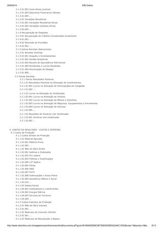 25/6/2014 IOB Online
http://www.iobonline.com.br/pages/coreonline/coreonlineDocuments.jsf?guid=I61804005D8C5E792E040DE0A24AC1D53&nota=1&tipodoc=3&e… 9/13
3.1.3.01.002 Juros Ativos [outros]
3.1.3.01.003 Descontos Financeiros Obtidos
3.1.3.01.004 ...
3.1.3.02 Variações Monetárias
3.1.3.02.001 Variações Monetárias Ativas
3.1.3.02.002 Variações Cambiais Ativas
3.1.3.02.003 ...
3.1.4 Recuperação de Despesas
3.1.4.01 Recuperação de Créditos Considerados Incobráveis
3.1.4.01.001 ...
3.1.4.02 Reversão de Provisões
3.1.4.02.001 ...
3.1.5 Outras Receitas Operacionais
3.1.5.01 Receitas Diversas
3.1.5.01.001 Aluguéis e Arrendamentos
3.1.5.01.002 Vendas Acessórias
3.1.5.01.003 Receita de Equivalência Patrimonial
3.1.5.01.004 Dividendos e Lucros Recebidos
3.1.5.01.005 Amortização de Deságio
3.1.5.01.006 ...
3.2 Outras Receitas
3.2.1 Outros Resultados Positivos
3.2.1.01 Resultados Positivos na Alienação de Investimentos
3.2.1.01.001 Lucros na Alienação de Participações em Coligadas
3.2.1.01.002 ...
3.2.1.02 Lucros na Alienação do Imobilizado
3.2.1.02.001 Lucros na Alienação de Imóveis
3.2.1.02.002 Lucros na Alienação de Móveis e Utensílios
3.2.1.02.003 Lucros na Alienação de Máquinas, Equipamentos e Ferramentas
3.2.1.02.004 Lucros na Alienação de Veículos
3.2.1.02.005 ...
3.2.1.03 Resultado de Sinistros com Imobilizado
3.2.1.03.001 Sinistros com Imobilizado
3.2.1.03.002 ...
4. CONTAS DE RESULTADO - CUSTOS E DESPESAS
4.1 Custos de Produção
4.1.1 Custos Diretos de Produção
4.1.1.01 Material Aplicado
4.1.1.01.001 Matéria-Prima
4.1.1.01.002 ...
4.1.1.02 Mão-de-Obra Direta
4.1.1.02.001 Salários e Ordenados
4.1.1.02.002 Pro Labore
4.1.1.02.003 Prêmios e Gratificações
4.1.1.02.004 13º Salário
4.1.1.02.005 Férias
4.1.1.02.006 INSS
4.1.1.02.007 FGTS
4.1.1.02.008 Indenizações e Aviso Prévio
4.1.1.02.009 Assistência Médica e Social
4.1.1.02.010 ...
4.1.1.03 Gastos Gerais
4.1.1.04.001 Combustíveis e Lubrificantes
4.1.1.04.002 Energia Elétrica
4.1.1.04.003 Serviços de Terceiros
4.1.1.04.004 ...
4.1.2 Custos Indiretos de Produção
4.1.2.01 Mão-de-Obra Indireta
4.1.2.01.001 ...
4.1.2.02 Materiais de Consumo Indireto
4.1.2.02.001 ...
4.1.2.03 Materiais de Manutenção e Reparo
 