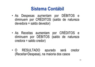 Sistema Contábil
• As Despesas aumentam por DÉBITOS e
  diminuem por CRÉDITOS (saldo de natureza
  devedora = saldo devedor)

• As Receitas aumentam por CRÉDITOS e
  diminuem por DÉBITOS (saldo de natureza
  credora = saldo credor)

• O RESULTADO apurado será credor
  (Receita>Despesa), na maioria dos casos
                                             22
 