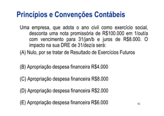 Princípios e Convenções Contábeis
Uma empresa, que adota o ano civil como exercício social,
     desconta uma nota promissória de R$100.000 em 1/out/a
     com vencimento para 31/jan/b e juros de R$8.000. O
     impacto na sua DRE de 31/dez/a será:
(A) Nulo, por se tratar de Resultado de Exercícios Futuros

(B) Apropriação despesa financeira R$4.000

(C) Apropriação despesa financeira R$8.000

(D) Apropriação despesa financeira R$2.000

(E) Apropriação despesa financeira R$6.000           42
 