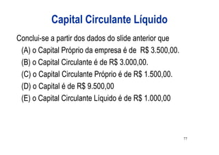 Capital Circulante Líquido
Conclui-se a partir dos dados do slide anterior que
 (A) o Capital Próprio da empresa é de R$ 3.500,00.
 (B) o Capital Circulante é de R$ 3.000,00.
 (C) o Capital Circulante Próprio é de R$ 1.500,00.
 (D) o Capital é de R$ 9.500,00
 (E) o Capital Circulante Líquido é de R$ 1.000,00



                                                      77
 
