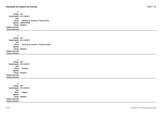 Página: 102
Impressão de campos da consulta
+/-:
Código: 403
Classificação: 04.1.2.09.012
Tipo:
Nome: Serviços de Terceiros - Pessoa Física
Apelido: TERCCPFIND
Grupo: Despesa
Código subconta:
Grupo subconta:
+/-:
Código: 404
Classificação: 04.1.2.09.013
Tipo:
Nome: Serviços de Terceiros - Pessoa Jurídica
Apelido:
Grupo: Despesa
Código subconta:
Grupo subconta:
+/-:
Código: 405
Classificação: 04.1.2.09.014
Tipo:
Nome: Telefone
Apelido:
Grupo: Despesa
Código subconta:
Grupo subconta:
+/-:
Código: 406
Classificação: 04.1.2.09.015
Tipo:
Nome: Viagens
Apelido:
Grupo: Despesa
Código subconta:
Grupo subconta:
16/10/2020 10:01 - SCI Ambiente Contábil ÚNICO
ESCON
 
