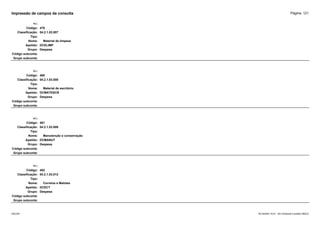 Página: 121
Impressão de campos da consulta
+/-:
Código: 479
Classificação: 04.2.1.03.007
Tipo:
Nome: Material de limpeza
Apelido: DCELIMP
Grupo: Despesa
Código subconta:
Grupo subconta:
+/-:
Código: 480
Classificação: 04.2.1.03.008
Tipo:
Nome: Material de escritório
Apelido: DCMATESCR
Grupo: Despesa
Código subconta:
Grupo subconta:
+/-:
Código: 481
Classificação: 04.2.1.03.009
Tipo:
Nome: Manutenção e conservação
Apelido: DCMANUT
Grupo: Despesa
Código subconta:
Grupo subconta:
+/-:
Código: 482
Classificação: 04.2.1.03.012
Tipo:
Nome: Correios e Malotes
Apelido: DCECT
Grupo: Despesa
Código subconta:
Grupo subconta:
16/10/2020 10:01 - SCI Ambiente Contábil ÚNICO
ESCON
 