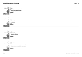 Página: 128
Impressão de campos da consulta
+/-:
Código: 507
Classificação: 04.2.2.01
Tipo: T
Nome: DESPESAS TRABALHISTAS
Apelido:
Grupo: Despesa
Código subconta:
Grupo subconta:
+/-:
Código: 508
Classificação: 04.2.2.01.001
Tipo:
Nome: 13.Salário
Apelido: 13V
Grupo: Despesa
Código subconta:
Grupo subconta:
+/-:
Código: 509
Classificação: 04.2.2.01.002
Tipo:
Nome: Adicional Noturno
Apelido:
Grupo: Despesa
Código subconta:
Grupo subconta:
+/-:
Código: 510
Classificação: 04.2.2.01.003
Tipo:
Nome: Aviso Prévio/Indenizacões Trabalhistas
Apelido:
Grupo: Despesa
Código subconta:
Grupo subconta:
16/10/2020 10:01 - SCI Ambiente Contábil ÚNICO
ESCON
 