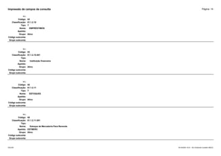 Página: 14
Impressão de campos da consulta
+/-:
Código: 52
Classificação: 01.1.2.10
Tipo: T
Nome: EMPRÉSTIMOS
Apelido:
Grupo: Ativo
Código subconta:
Grupo subconta:
+/-:
Código: 53
Classificação: 01.1.2.10.001
Tipo:
Nome: Instituição financeira
Apelido:
Grupo: Ativo
Código subconta:
Grupo subconta:
+/-:
Código: 54
Classificação: 01.1.2.11
Tipo: T
Nome: ESTOQUES
Apelido:
Grupo: Ativo
Código subconta:
Grupo subconta:
+/-:
Código: 55
Classificação: 01.1.2.11.001
Tipo:
Nome: Estoque de Mercadoria Para Revenda
Apelido: ESTMERC
Grupo: Ativo
Código subconta:
Grupo subconta:
16/10/2020 10:01 - SCI Ambiente Contábil ÚNICO
ESCON
 