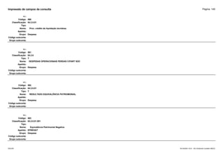 Página: 149
Impressão de campos da consulta
+/-:
Código: 590
Classificação: 04.2.5.01
Tipo:
Nome: Prov. crédito de liquidação duvidosa
Apelido:
Grupo: Despesa
Código subconta:
Grupo subconta:
+/-:
Código: 591
Classificação: 04.2.6
Tipo: T
Nome: DESPESAS OPERACIONAIS PERDAS C/PART SOC
Apelido:
Grupo: Despesa
Código subconta:
Grupo subconta:
+/-:
Código: 592
Classificação: 04.2.6.01
Tipo: T
Nome: RESULTADO EQUIVALÊNCIA PATRIOMONIAL
Apelido:
Grupo: Despesa
Código subconta:
Grupo subconta:
+/-:
Código: 593
Classificação: 04.2.6.01.001
Tipo:
Nome: Equivalência Patrimonial Negativa
Apelido: EPNEGAT
Grupo: Despesa
Código subconta:
Grupo subconta:
16/10/2020 10:01 - SCI Ambiente Contábil ÚNICO
ESCON
 
