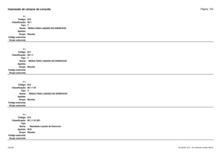 Página: 154
Impressão de campos da consulta
+/-:
Código: 610
Classificação: 05.1
Tipo: T
Nome: RESULTADO LIQUIDO DO EXERCICIO
Apelido:
Grupo: Receita
Código subconta:
Grupo subconta:
+/-:
Código: 611
Classificação: 05.1.1
Tipo: T
Nome: RESULTADO LIQUIDO DO EXERCICIO
Apelido:
Grupo: Receita
Código subconta:
Grupo subconta:
+/-:
Código: 612
Classificação: 05.1.1.01
Tipo: T
Nome: RESULTADO LIQUIDO DO EXERCICIO
Apelido:
Grupo: Receita
Código subconta:
Grupo subconta:
+/-:
Código: 613
Classificação: 05.1.1.01.001
Tipo:
Nome: Resultado Líquido do Exercício
Apelido: RLE
Grupo: Receita
Código subconta:
Grupo subconta:
16/10/2020 10:01 - SCI Ambiente Contábil ÚNICO
ESCON
 