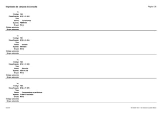 Página: 26
Impressão de campos da consulta
+/-:
Código: 100
Classificação: 01.2.3.01.003
Tipo:
Nome: Ferramentas
Apelido: FERRAM
Grupo: Ativo
Código subconta:
Grupo subconta:
+/-:
Código: 101
Classificação: 01.2.3.01.004
Tipo:
Nome: Imóveis
Apelido: IMOVEIS
Grupo: Ativo
Código subconta:
Grupo subconta:
+/-:
Código: 102
Classificação: 01.2.3.01.005
Tipo:
Nome: Veículos
Apelido: VEICULOS
Grupo: Ativo
Código subconta:
Grupo subconta:
+/-:
Código: 103
Classificação: 01.2.3.01.006
Tipo:
Nome: Computadores e periféricos
Apelido: COMPUTADORES
Grupo: Ativo
Código subconta:
Grupo subconta:
16/10/2020 10:01 - SCI Ambiente Contábil ÚNICO
ESCON
 