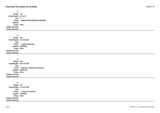 Página: 32
Impressão de campos da consulta
+/-:
Código: 124
Classificação: 01.2.4.01
Tipo: T
Nome: BENS DE NATUREZA INTANGÍVEL
Apelido:
Grupo: Ativo
Código subconta:
Grupo subconta:
+/-:
Código: 125
Classificação: 01.2.4.01.001
Tipo:
Nome: Capital Intelectual
Apelido: CAPINTEL
Grupo: Ativo
Código subconta:
Grupo subconta:
+/-:
Código: 126
Classificação: 01.2.4.01.002
Tipo:
Nome: Marcas e Patentes de Invenção
Apelido: MARCPAT
Grupo: Ativo
Código subconta:
Grupo subconta:
+/-:
Código: 127
Classificação: 01.2.4.01.003
Tipo:
Nome: Fundo de Comércio
Apelido: FUNCOM
Grupo: Ativo
Código subconta:
Grupo subconta:
16/10/2020 10:01 - SCI Ambiente Contábil ÚNICO
ESCON
 