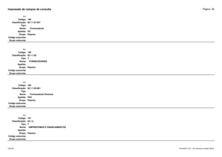 Página: 38
Impressão de campos da consulta
+/-:
Código: 148
Classificação: 02.1.1.01.001
Tipo:
Nome: Fornecedores
Apelido: FD
Grupo: Passivo
Código subconta:
Grupo subconta:
+/-:
Código: 149
Classificação: 02.1.1.02
Tipo: T
Nome: FORNECEDORES
Apelido:
Grupo: Passivo
Código subconta:
Grupo subconta:
+/-:
Código: 150
Classificação: 02.1.1.02.001
Tipo:
Nome: Fornecedores Diversos
Apelido: FDV
Grupo: Passivo
Código subconta:
Grupo subconta:
+/-:
Código: 151
Classificação: 02.1.2
Tipo: T
Nome: EMPRÉSTIMOS E FINANCIAMENTOS
Apelido:
Grupo: Passivo
Código subconta:
Grupo subconta:
16/10/2020 10:01 - SCI Ambiente Contábil ÚNICO
ESCON
 