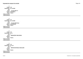 Página: 46
Impressão de campos da consulta
+/-:
Código: 180
Classificação: 02.1.3.05.005
Tipo:
Nome: Provisão INSS 13º
Apelido: PROVINSS13
Grupo: Passivo
Código subconta:
Grupo subconta:
+/-:
Código: 181
Classificação: 02.1.3.05.006
Tipo:
Nome: Provisão INSS Férias
Apelido: PROVINSSFER
Grupo: Passivo
Código subconta:
Grupo subconta:
+/-:
Código: 182
Classificação: 02.1.4
Tipo: T
Nome: OBRIGAÇÕES TRIBUTÁRIAS
Apelido:
Grupo: Passivo
Código subconta:
Grupo subconta:
+/-:
Código: 183
Classificação: 02.1.4.01
Tipo: T
Nome: IMPOSTOS RETIDOS A RECOLHER
Apelido:
Grupo: Passivo
Código subconta:
Grupo subconta:
16/10/2020 10:01 - SCI Ambiente Contábil ÚNICO
ESCON
 