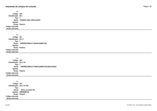 Página: 56
Impressão de campos da consulta
+/-:
Código: 220
Classificação: 02.2
Tipo: T
Nome: PASSIVO NÃO CIRCULANTE
Apelido:
Grupo: Passivo
Código subconta:
Grupo subconta:
+/-:
Código: 221
Classificação: 02.2.1
Tipo: T
Nome: EMPRÉSTIMOS E FINANCIAMENTOS
Apelido:
Grupo: Passivo
Código subconta:
Grupo subconta:
+/-:
Código: 222
Classificação: 02.2.1.01
Tipo: T
Nome: EMPRÉSTIMOS E FINANCIAMENTOS BANCÁRIOS
Apelido:
Grupo: Passivo
Código subconta:
Grupo subconta:
+/-:
Código: 223
Classificação: 02.2.1.01.001
Tipo:
Nome: Banco do Brasil SA
Apelido: EMPRBBPGR
Grupo: Passivo
Código subconta:
Grupo subconta:
16/10/2020 10:01 - SCI Ambiente Contábil ÚNICO
ESCON
 