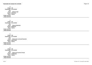 Página: 60
Impressão de campos da consulta
+/-:
Código: 236
Classificação: 02.3.2.02.003
Tipo:
Nome: Reserva Legal
Apelido: RESLEGAL
Grupo: Passivo
Código subconta:
Grupo subconta:
+/-:
Código: 237
Classificação: 02.3.2.02.004
Tipo:
Nome: Reserva Estatutária
Apelido: RESESTAT
Grupo: Passivo
Código subconta:
Grupo subconta:
+/-:
Código: 238
Classificação: 02.3.2.02.005
Tipo:
Nome: Reserva de Lucros para Expansão
Apelido: RESLUCEXP
Grupo: Passivo
Código subconta:
Grupo subconta:
+/-:
Código: 239
Classificação: 02.3.2.02.006
Tipo:
Nome: Reserva de Incentivos Fiscais
Apelido: RESINCFISC
Grupo: Passivo
Código subconta:
Grupo subconta:
16/10/2020 10:01 - SCI Ambiente Contábil ÚNICO
ESCON
 