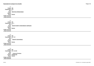 Página: 66
Impressão de campos da consulta
+/-:
Código: 260
Classificação: 03.1
Tipo: T
Nome: RECEITAS OPERACIONAIS
Apelido:
Grupo: Receita
Código subconta:
Grupo subconta:
+/-:
Código: 261
Classificação: 03.1.1
Tipo: T
Nome: RECEITA BRUTA COM VENDAS E SERVIÇOS
Apelido:
Grupo: Receita
Código subconta:
Grupo subconta:
+/-:
Código: 262
Classificação: 03.1.1.01
Tipo: T
Nome: RECEITA COM VENDAS
Apelido:
Grupo: Receita
Código subconta:
Grupo subconta:
+/-:
Código: 263
Classificação: 03.1.1.01.001
Tipo:
Nome: Vendas de Produtos
Apelido: VENDAS IND
Grupo: Receita
Código subconta:
Grupo subconta:
16/10/2020 10:01 - SCI Ambiente Contábil ÚNICO
ESCON
 