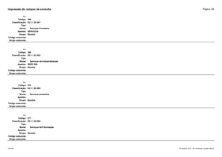 Página: 68
Impressão de campos da consulta
+/-:
Código: 268
Classificação: 03.1.1.03.001
Tipo:
Nome: Serviços Prestados
Apelido: SERVIÇOS
Grupo: Receita
Código subconta:
Grupo subconta:
+/-:
Código: 269
Classificação: 03.1.1.03.002
Tipo:
Nome: Serviços de Industrialização
Apelido: SERV IND
Grupo: Receita
Código subconta:
Grupo subconta:
+/-:
Código: 270
Classificação: 03.1.1.03.003
Tipo:
Nome: Serviços prestados
Apelido:
Grupo: Receita
Código subconta:
Grupo subconta:
+/-:
Código: 271
Classificação: 03.1.1.03.004
Tipo:
Nome: Serviços de Faturização
Apelido:
Grupo: Receita
Código subconta:
Grupo subconta:
16/10/2020 10:01 - SCI Ambiente Contábil ÚNICO
ESCON
 