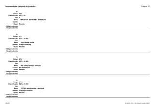 Página: 70
Impressão de campos da consulta
+/-:
Código: 276
Classificação: 03.1.2.02
Tipo: T
Nome: IMPOSTOS S/VENDAS E SERVIÇOS
Apelido:
Grupo: Receita
Código subconta:
Grupo subconta:
+/-:
Código: 277
Classificação: 03.1.2.02.001
Tipo:
Nome: ICMS sobre vendas
Apelido: ICMS S/VENDAS
Grupo: Receita
Código subconta:
Grupo subconta:
+/-:
Código: 278
Classificação: 03.1.2.02.002
Tipo:
Nome: PIS sobre vendas e serviços
Apelido: PIS S/VENDAS
Grupo: Receita
Código subconta:
Grupo subconta:
+/-:
Código: 279
Classificação: 03.1.2.02.003
Tipo:
Nome: COFINS sobre vendas e serviços
Apelido: COFINS S/VENDAS
Grupo: Receita
Código subconta:
Grupo subconta:
16/10/2020 10:01 - SCI Ambiente Contábil ÚNICO
ESCON
 