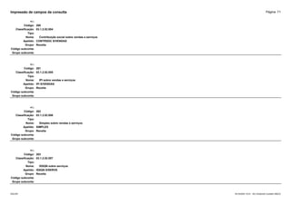 Página: 71
Impressão de campos da consulta
+/-:
Código: 280
Classificação: 03.1.2.02.004
Tipo:
Nome: Contribuição social sobre vendas e serviços
Apelido: CONTRSOC S/VENDAS
Grupo: Receita
Código subconta:
Grupo subconta:
+/-:
Código: 281
Classificação: 03.1.2.02.005
Tipo:
Nome: IPI sobre vendas e serviços
Apelido: IPI S/VENDAS
Grupo: Receita
Código subconta:
Grupo subconta:
+/-:
Código: 282
Classificação: 03.1.2.02.006
Tipo:
Nome: Simples sobre vendas e serviços
Apelido: SIMPLES
Grupo: Receita
Código subconta:
Grupo subconta:
+/-:
Código: 283
Classificação: 03.1.2.02.007
Tipo:
Nome: ISSQN sobre serviços
Apelido: ISSQN S/SERVS
Grupo: Receita
Código subconta:
Grupo subconta:
16/10/2020 10:01 - SCI Ambiente Contábil ÚNICO
ESCON
 