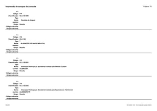 Página: 79
Impressão de campos da consulta
+/-:
Código: 614
Classificação: 03.2.1.01.006
Tipo:
Nome: Receitas de Aluguel
Apelido:
Grupo: Receita
Código subconta:
Grupo subconta:
+/-:
Código: 312
Classificação: 03.2.1.02
Tipo: T
Nome: ALIENAÇÃO DE INVESTIMENTOS
Apelido:
Grupo: Receita
Código subconta:
Grupo subconta:
+/-:
Código: 313
Classificação: 03.2.1.02.001
Tipo:
Nome: Alienação Participação Societária Avaliada pelo Metódo Custeio
Apelido: ALIENCUST
Grupo: Receita
Código subconta:
Grupo subconta:
+/-:
Código: 314
Classificação: 03.2.1.02.002
Tipo:
Nome: Alienação Participação Societária Avaliada pela Equivalencia Patrimonial
Apelido: ALIENEQPATR
Grupo: Receita
Código subconta:
Grupo subconta:
16/10/2020 10:01 - SCI Ambiente Contábil ÚNICO
ESCON
 