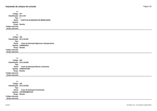 Página: 83
Impressão de campos da consulta
+/-:
Código: 327
Classificação: 03.2.2.02
Tipo: T
Nome: CUSTO DA ALIENAÇÃO DE IMOBILIZADO
Apelido:
Grupo: Receita
Código subconta:
Grupo subconta:
+/-:
Código: 328
Classificação: 03.2.2.02.001
Tipo:
Nome: Custo da Alienação Máquinas e Equipamentos
Apelido: CAMAQUEUI
Grupo: Receita
Código subconta:
Grupo subconta:
+/-:
Código: 329
Classificação: 03.2.2.02.002
Tipo:
Nome: Custo da Alienação Móveis e Utensílios
Apelido: CAMOVUTENC
Grupo: Receita
Código subconta:
Grupo subconta:
+/-:
Código: 330
Classificação: 03.2.2.02.003
Tipo:
Nome: Custo da Alienação Ferramentas
Apelido: CAFERRAMENTAS
Grupo: Receita
Código subconta:
Grupo subconta:
16/10/2020 10:01 - SCI Ambiente Contábil ÚNICO
ESCON
 