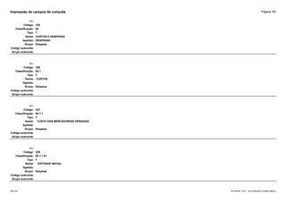 Página: 85
Impressão de campos da consulta
+/-:
Código: 335
Classificação: 04
Tipo: T
Nome: CUSTOS E DESPESAS
Apelido: DESPESAS
Grupo: Despesa
Código subconta:
Grupo subconta:
+/-:
Código: 336
Classificação: 04.1
Tipo: T
Nome: CUSTOS
Apelido:
Grupo: Despesa
Código subconta:
Grupo subconta:
+/-:
Código: 337
Classificação: 04.1.1
Tipo: T
Nome: CUSTO DAS MERCADORIAS VENDIDAS
Apelido:
Grupo: Despesa
Código subconta:
Grupo subconta:
+/-:
Código: 338
Classificação: 04.1.1.01
Tipo: T
Nome: ESTOQUE INICIAL
Apelido:
Grupo: Despesa
Código subconta:
Grupo subconta:
16/10/2020 10:01 - SCI Ambiente Contábil ÚNICO
ESCON
 