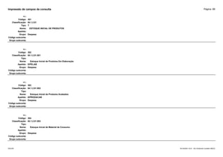 Página: 89
Impressão de campos da consulta
+/-:
Código: 351
Classificação: 04.1.2.01
Tipo: T
Nome: ESTOQUE INICIAL DE PRODUTOS
Apelido:
Grupo: Despesa
Código subconta:
Grupo subconta:
+/-:
Código: 352
Classificação: 04.1.2.01.001
Tipo:
Nome: Estoque Inicial de Produtos Em Elaboração
Apelido: EIPELAB
Grupo: Despesa
Código subconta:
Grupo subconta:
+/-:
Código: 353
Classificação: 04.1.2.01.002
Tipo:
Nome: Estoque Inicial de Produtos Acabados
Apelido: EIPRODACAB
Grupo: Despesa
Código subconta:
Grupo subconta:
+/-:
Código: 354
Classificação: 04.1.2.01.003
Tipo:
Nome: Estoque Inicial de Material de Consumo
Apelido:
Grupo: Despesa
Código subconta:
Grupo subconta:
16/10/2020 10:01 - SCI Ambiente Contábil ÚNICO
ESCON
 