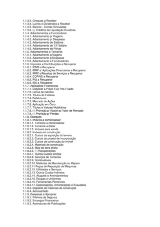 1.1.3.3. Cheques a Receber
1.1.3.4. Lucros e Dividendos a Receber
1.1.3.5. Bancos - Contas Vinculadas
1.1.3.6. (-) Créditos de Liquidação Duvidosa
1.1.4. Adiantamentos a Funcionários
1.1.4.1. Adiantamento p/ Viagens
1.1.4.2. Adiantamento p/ Despesas
1.1.4.3. Adiantamento de Salários
1.1.4.4. Adiantamento de 13º Salário
1.1.4.5. Adiantamento de Férias
1.1.5. Adiantamentos a Terceiros
1.1.5.1. Adiantamento p/Viagens
1.1.5.2. Adiantamento p/Despesas
1.1.5.3. Adiantamento a Fornecedores
1.1.6. Impostos e Contribuições a Recuperar
1.1.6.1. ICMS a Recuperar
1.1.6.2. IRRF s/ Aplicações Financeiras a Recuperar
1.1.6.3. IRRF s/Receitas de Serviços a Recuperar
1.1.6.4. COFINS a Recuperar
1.1.6.5. PIS a Recuperar
1.1.6.6. ISS a Recuperar
1.1.7. Aplicações Financeiras
1.1.7.1. Depósito a Prazo Fixo Pós-Fixado
1.1.7.2. Letras de Câmbio
1.1.7.3. Títulos de Estatais
1.1.7.4. Debêntures
1.1.7.5. Mercado de Ações
1.1.7.6. Aplicação em Ouro
1.1.7.7. Títulos e Valores Mobiliários
1.1.7.8. (-) Provisão p/ Ajuste ao Valor de Mercado
1.1.7.9. (-) Provisão p/ Perdas
1.1.8. Estoques
1.1.8.1. Imóveis a comercializar
1.1.8.1.1. Terrenos a comercializar
1.1.8.1.2. Terrenos a lotear
1.1.8.1.3. Imóveis para venda
1.1.8.2. Imóveis em construção
1.1.8.2.1. Custos da aquisição do terreno
1.1.8.2.2. Custos do projeto de incorporação
1.1.8.2.3. Custos da construção do imóvel
1.1.8.2.4. Materiais de construção
1.1.8.2.5. Mão-de-obra direta
1.1.8.2.6. (-) Recuperações
1.1.8.2.7. Outros Custos Diretos
1.1.8.2.8. Serviços de Terceiros
1.1.8.2.9. Combustíveis
1.1.8.2.10. Materiais de Manutenção ou Reparo
1.1.8.2.11 Peças de Reposição de Máquinas
1.1.8.2.12. Utilidades e Serviços
1.1.8.2.13. Outros Custos Indiretos
1.1.8.2.14. Aluguéis e Arrendamentos
1.1.8.2.15. Roupas e Uniformes
1.1.8.2.16. Ferramentas Perecíveis
1.1.8.2.17. Depreciações, Amortizações e Exaustões
1.1.8.3. Depósito de materiais de construção
1.1.8.4. Almoxarifado
1.1.9. Despesas a Apropriar
1.1.9.1. Prêmios de Seguros
1.1.9.2. Encargos Financeiros
1.1.9.3. Assinaturas de Publicações
 