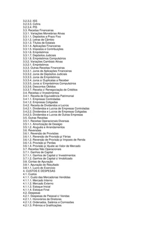 3.2.3.2. ISS
3.2.3.3. Cofins
3.2.3.4. PIS
3.3. Receitas Financeiras
3.3.1. Variações Monetárias Ativas
3.3.1.1. Depósitos a Prazo Fixo
3.3.1.2. Letras de Câmbio
3.3.1.3. Títulos de Estatais
3.3.1.4. Aplicações Financeiras
3.3.1.5. Impostos e Contribuições
3.3.1.6. Empréstimos
3.3.1.7. Depósitos Judiciais
3.3.1.8. Empréstimos Compulsórios
3.3.2. Variações Cambiais Ativas
3.3.2.1. Empréstimos
3.3.3. Outras Receitas Financeiras
3.3.3.1. Juros de Aplicações Financeiras
3.3.3.2. Juros de Depósitos Judiciais
3.3.3.3. Juros de Empréstimos
3.3.3.4. Juros s/ Duplicatas a Receber
3.3.3.5. Juros s/ Empréstimos Compulsórios
3.3.3.6. Descontos Obtidos
3.3.3.7. Receita c/ Renegociação de Créditos
3.4. Receitas c/ Investimentos
3.4.1. Receita de Equivalência Patrimonial
3.4.1.1. Empresas Controladas
3.4.1.2. Empresas Coligadas
3.4.2. Receita de Dividendos e Lucros
3.4.2.1. Dividendos e Lucros de Empresas Controladas
3.4.2.2. Dividendos e Lucros de Empresas Coligadas
3.4.2.3. Dividendos e Lucros de Outras Empresas
3.5. Outras Receitas
3.5.1. Receitas Operacionais Diversas
3.5.1.1. Amortização de Deságio
3.5.1.2. Aluguéis e Arrendamentos
3.6. Reversões
3.6.1. Reversão de Provisões
3.6.1.1. Reversão de Provisão p/ Férias
3.6.1.2. Reversão de Provisão p/ Imposto de Renda
3.6.1.3. Provisão p/ Perdas
3.6.1.4. Provisão p/ Ajuste ao Valor de Mercado
3.7. Receitas Não Operacionais
3.7.1. Ganhos de Capital
3.7.1.1. Ganhos de Capital c/ Investimentos
3.7.1.2. Ganhos de Capital c/ Imobilizado
3.8. Contas de Apuração
3.8.1. Apuração do Resultado
3.8.1.1. Lucro do Exercício
4. CUSTOS E DESPESAS
4.1. Custos
4.1.1. Custo das Mercadorias Vendidas
4.1.1.1. Mercado Interno
4.1.1.2. Mercado Externo
4.1.1.3. Estoque Inicial
4.1.1.4. Estoque Final
4.2. Despesas
4.2.1. Despesas de Pessoal c/ Vendas
4.2.1.1. Honorários de Diretores
4.2.1.2. Ordenados, Salários e Comissões
4.2.1.3. Prêmios e Gratificações
 