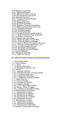 4.2.8. Materiais e Suprimentos
4.2.8.1. Material de Escritório
4.2.8.2. Material de Higiene e Limpeza
4.2.8.3. Bens de Natureza Permanente
4.2.9. Despesas Financeiras
4.2.9.1. Variações Monetárias Passivas
4.2.9.2. Juros Passivos
4.2.9.3. Despesas Bancárias
4.2.9.4. Descontos Concedidos
4.2.9.5. Despesas c/ Desconto de Duplicatas
4.2.10. Despesas de Equivalência Patrimonial
4.2.10.1. Empresas Controladas
4.2.10.2. Empresas Coligadas
4.2.10.3. Amortização de Ágio
4.2.11. Provisões p/ Perdas e Ajustes de Ativos
4.2.11.1. Ajuste de Estoque ao Valor de Mercado
4.2.11.2. Perdas c/ Investimentos
4.2.12. Despesas Não Operacionais
4.2.12.1. Perdas de Capital c/ Investimentos
4.2.12.2. Perdas de Capital c/ Imobilizado
4.2.13. Imposto de Renda e Participações nos Lucros
4.2.13.1. Provisão p/ Contribuição Social s/ Lucro
4.2.13.2. Provisão p/ Imposto de Renda
4.2.13.3. Participações de Empregados
4.2.13.4. Participações de Administradores
4.3. Contas de Apuração
4.3.1. Apuração do Resultado
4.3.1.1. Prejuízo do Exercício

6.2 - Elenco de Contas Proposto Para Empresa Industrial

1.1. ATIVO CIRCULANTE
1.1.1. Disponibilidades
1.1.1.1. Caixa
1.1.1.2. Bancos c/Movimento
1.1.1.3. Aplicações Financeiras - FAF
1.1.2. Clientes
1.1.2.1. Duplicatas a Receber
1.1.2.2. Duplicatas a Receber - Empresas Ligadas
1.1.2.3. (-) Venda p/Entrega Futura
1.1.2.4. (-) Duplicatas Descontadas
1.1.2.5. (-) Créditos de Liquidação Duvidosa
1.1.3. Créditos Diversos
1.1.3.1. Títulos a Receber
1.1.3.2. Empréstimos a Receber
1.1.3.3. Cheques a Receber
1.1.3.4. Lucros e Dividendos a Receber
1.1.3.5. Bancos - Contas Vinculadas
1.1.3.6. (-) Créditos de Liquidação Duvidosa
1.1.4. Adiantamentos a Funcionários
1.1.4.1. Adiantamento p/ Viagens
1.1.4.2. Adiantamento p/ Despesas
1.1.4.3. Adiantamento de Salários
1.1.4.4. Adiantamento de 13º Salário
1.1.4.5. Adiantamento de Férias
1.1.5. Adiantamentos a Terceiros
1.1.5.1 - Adiantamento p/Viagens
1.1.5.2 - Adiantamento p/Despesas
1.1.5.3 - Adiantamento a Fornecedores
1.1.6. Impostos e Contribuições a Recuperar
 