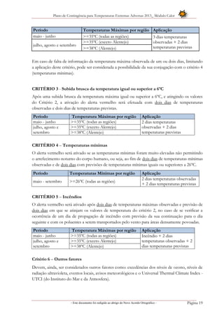 Plano de Contingência para Temperaturas Extremas Adversas 2013_ Módulo Calor
- Este documento foi redigido ao abrigo do Novo Acordo Ortográfico – Página 19
Período Temperaturas Máximas por região Aplicação
maio - junho >=35ºC (todas as regiões) 3 dias temperaturas
observadas + 2 dias
temperaturas previstasjulho, agosto e setembro
>=35ºC (exceto Alentejo)
>=38ºC (Alentejo)
Em caso de falta de informação da temperatura máxima observada de um ou dois dias, limitando
a aplicação deste critério, pode ser considerada a possibilidade da sua conjugação com o critério 4
(temperaturas mínimas).
CRITÉRIO 3 - Subida brusca da temperatura igual ou superior a 6ºC
Após uma subida brusca da temperatura máxima igual ou superior a 6ºC, e atingindo os valores
do Critério 2, a ativação do alerta vermelho será efetuada com dois dias de temperaturas
observadas e dois dias de temperaturas previstas.
Período Temperatura Máximas por região Aplicação
maio - junho >=35ºC (todas as regiões) 2 dias temperaturas
observadas + 2 dias
temperaturas previstas
julho, agosto e
setembro
>=35ºC (exceto Alentejo)
>=38ºC (Alentejo)
CRITÉRIO 4 – Temperaturas mínimas
O alerta vermelho será ativado se as temperaturas mínimas foram muito elevadas não permitindo
o arrefecimento noturno do corpo humano, ou seja, ao fim de dois dias de temperaturas mínimas
observadas e de dois dias com previsões de temperaturas mínimas iguais ou superiores a 26ºC.
Período Temperaturas Mínimas por região Aplicação
maio - setembro >=26ºC (todas as regiões)
2 dias temperaturas observadas
+ 2 dias temperaturas previstas
CRITÉRIO 5 – Incêndios
O alerta vermelho será ativado após dois dias de temperaturas máximas observadas e previsão de
dois dias em que se atinjam os valores de temperatura do critério 2, no caso de se verificar a
ocorrência de um dia de propagação de incêndio com previsão da sua continuação para o dia
seguinte e com os poluentes a serem transportados pelo vento para áreas densamente povoadas.
Período Temperatura Máximas por região Aplicação
maio - junho >=35ºC (todas as regiões) Incêndio + 2 dias
temperaturas observadas + 2
dias temperaturas previstas
julho, agosto e
setembro
>=35ºC (exceto Alentejo)
>=38ºC (Alentejo)
Critério 6 – Outros fatores
Devem, ainda, ser considerados outros fatores como: excedências dos níveis de ozono, níveis de
radiação ultravioleta, eventos locais, avisos meteorológicos e o Universal Thermal Climate Index -
UTCI (do Instituto do Mar e da Atmosfera).
 
