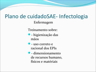 Plano de cuidadoSAE- Infectologia
Treinamento sobre:
- higienização das
mãos
- uso correto e
racional dos EPIs
- dimensionamento
de recursos humano,
físicos e matériais
Enfermagem
 