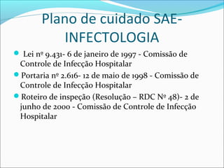Plano de cuidado SAE-
INFECTOLOGIA
 Lei nº 9.431- 6 de janeiro de 1997 - Comissão de
Controle de Infecção Hospitalar
Portaria nº 2.616- 12 de maio de 1998 - Comissão de
Controle de Infecção Hospitalar
Roteiro de inspeção (Resolução – RDC Nº 48)- 2 de
junho de 2000 - Comissão de Controle de Infecção
Hospitalar
 