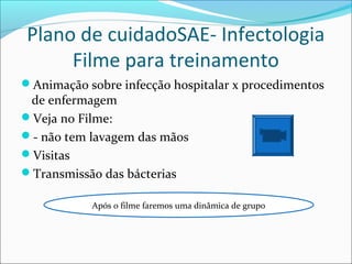 Plano de cuidadoSAE- Infectologia
Filme para treinamento
Animação sobre infecção hospitalar x procedimentos
de enfermagem
Veja no Filme:
- não tem lavagem das mãos
Visitas
Transmissão das bácterias
Após o filme faremos uma dinâmica de grupo
 