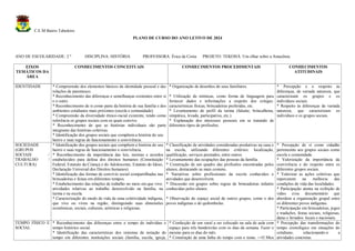 C.E.M Bairro Tabuleiro
PLANO DE CURSO DO ANO LETIVO DE 2024
ANO DE ESCOLARIDADE: 2 º DISCIPLINA: HISTÓRIA PROFESSORA: Érica da Costa PROJETO: TEKOHÁ: Um olhar sobre a Amazônia
EIXOS
TEMÁTICOS DA
ÁREA
CONHECIMENTOS CONCEITUAIS CONHECIMENTOS PROCEDIMENTAIS CONHECIMENTOS
ATITUDINAIS
IDENTIDADE * Compreensão dos elementos básicos da identidade pessoal e das
relações de parentesco.
* Reconhecimento das diferenças e semelhanças existentes entre si
e o outro.
* Reconhecimento de si como parte da história de sua família e dos
ambientes cotidianos mais próximos (escola e comunidade).
* Compreensão da diversidade étnico-racial existente, tendo como
referência os grupos sociais com os quais convive.
* Reconhecimento de que as histórias individuais são parte
integrante das histórias coletivas.
* Identificação dos grupos sociais que compõem a história do seu
bairro e suas regras de funcionamento e convivência.
* Organização de desenhos de seus familiares.
* Utilização de mímicas, como forma de linguagem para
fornecer dados e informações a respeito dos colegas:
características físicas, brincadeiras preferidas, etc.
* Levantamento de perfil da turma (falante, brincalhona,
simpática, levada, participativa, etc.).
* Explanação dos interesses pessoais em se tratando de
diferentes tipos de profissões.
* Percepção e o respeito às
diferenças, de variada natureza, que
caracterizam os grupos e os
indivíduos sociais.
* Respeito às diferenças de variada
natureza, que caracterizam os
indivíduos e os grupos sociais.
SOCIEDADE
(GRUPOS
SOCIAIS /
TRABALHO /
CULTURA)
* Identificação dos grupos sociais que compõem a história do seu
bairro e suas regras de funcionamento e convivência.
* Reconhecimento da importância das leis, normas e acordos
estabelecidos para defesa dos direitos humanos (Constituição
Federal, Estatuto da Criança e do Adolescente, Estatuto do Idoso,
Declaração Universal dos Direitos humanos).
* Identificação das formas de convívio social compartilhadas nas
brincadeiras e festas em diferentes tempos.
* Estabelecimento das relações de trabalho no meio em que vive:
atividades relativas ao trabalho desenvolvido na família, na
turma e na escola.
* Caracterização do modo de vida de uma coletividade indígena,
que vive ou viveu na região, distinguindo suas dimensões
econômicas, sociais, culturais, artísticas e religiosas.
* Classificação de atividades consideradas produtivas na casa e
na escola, utilizando diferentes critérios: localização,
qualificação, serviços prestados, entre outros.
* Levantamento das ocupações das pessoas da família.
* Construção de um quadro das profissões encontradas pelos
alunos, destacando as mais comuns.
* Narrativas sobre profissionais da escola conhecidos e
atividades que desenvolvem.
* Discussão em grupos sobre regras de brincadeiras infantis
conhecidas pelos alunos.
* Observação do espaço social de outros grupos, como o dos
povos indígenas e de quilombolas.
* Percepção de si como cidadão
pertencente aos grupos sociais como
escola e comunidade.
* Valorização da importância da
convivência e do respeito entre os
diferentes grupos sociais.
* Valorizar as ações coletivas que
repercutem na melhoria das
condições de vida das localidades.
* Participação atenta na exibição de
vídeo e/ou documentário que
abordem a organização grupal entre
os diferentes povos indígenas.
* Participação em brincadeiras, jogos
e tradições, festas sociais, religiosas,
datas e feriados: locais e nacionais.
TEMPO FÍSICO E
SOCIAL
* Reconhecimento das diferenças entre o tempo do indivíduo e
tempo histórico social.
* Identificação das características dos sistemas de notação do
tempo em diferentes instituições sociais (família, escola, igreja,
* Confecção de um varal a ser colocado na sala de aula com
espaço para três bandeirolas com os dias da semana. Fazer o
mesmo para os dias do mês.
* Construção de uma linha do tempo com o tema: ―O Meu
* Percepção das transformações do
tempo cronológico em situações do
cotidiano, relacionando-o a
atividades concretas.
 