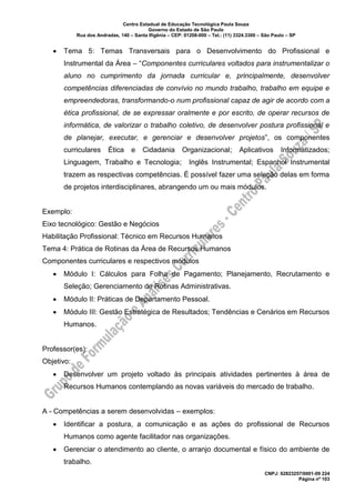 Centro Estadual de Educação Tecnológica Paula Souza
Governo do Estado de São Paulo
Rua dos Andradas, 140 – Santa Ifigênia – CEP: 01208-000 – Tel.: (11) 3324.3300 – São Paulo – SP
CNPJ: 62823257/0001-09 224
Página nº 103
• Tema 5: Temas Transversais para o Desenvolvimento do Profissional e
Instrumental da Área – “Componentes curriculares voltados para instrumentalizar o
aluno no cumprimento da jornada curricular e, principalmente, desenvolver
competências diferenciadas de convívio no mundo trabalho, trabalho em equipe e
empreendedoras, transformando-o num profissional capaz de agir de acordo com a
ética profissional, de se expressar oralmente e por escrito, de operar recursos de
informática, de valorizar o trabalho coletivo, de desenvolver postura profissional e
de planejar, executar, e gerenciar e desenvolver projetos”, os componentes
curriculares Ética e Cidadania Organizacional; Aplicativos Informatizados;
Linguagem, Trabalho e Tecnologia; Inglês Instrumental; Espanhol Instrumental
trazem as respectivas competências. É possível fazer uma seleção delas em forma
de projetos interdisciplinares, abrangendo um ou mais módulos.
Exemplo:
Eixo tecnológico: Gestão e Negócios
Habilitação Profissional: Técnico em Recursos Humanos
Tema 4: Prática de Rotinas da Área de Recursos Humanos
Componentes curriculares e respectivos módulos
• Módulo I: Cálculos para Folha de Pagamento; Planejamento, Recrutamento e
Seleção; Gerenciamento de Rotinas Administrativas.
• Módulo II: Práticas de Departamento Pessoal.
• Módulo III: Gestão Estratégica de Resultados; Tendências e Cenários em Recursos
Humanos.
Professor(es):
Objetivo:
• Desenvolver um projeto voltado às principais atividades pertinentes à área de
Recursos Humanos contemplando as novas variáveis do mercado de trabalho.
A - Competências a serem desenvolvidas – exemplos:
• Identificar a postura, a comunicação e as ações do profissional de Recursos
Humanos como agente facilitador nas organizações.
• Gerenciar o atendimento ao cliente, o arranjo documental e físico do ambiente de
trabalho.
 