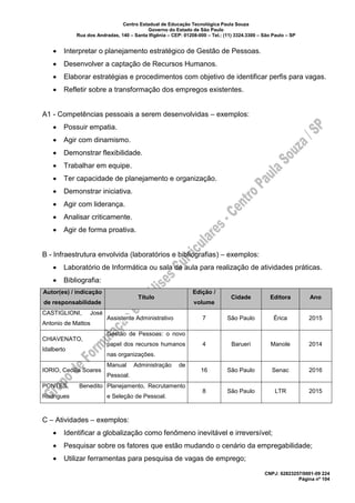 Centro Estadual de Educação Tecnológica Paula Souza
Governo do Estado de São Paulo
Rua dos Andradas, 140 – Santa Ifigênia – CEP: 01208-000 – Tel.: (11) 3324.3300 – São Paulo – SP
CNPJ: 62823257/0001-09 224
Página nº 104
• Interpretar o planejamento estratégico de Gestão de Pessoas.
• Desenvolver a captação de Recursos Humanos.
• Elaborar estratégias e procedimentos com objetivo de identificar perfis para vagas.
• Refletir sobre a transformação dos empregos existentes.
A1 - Competências pessoais a serem desenvolvidas – exemplos:
• Possuir empatia.
• Agir com dinamismo.
• Demonstrar flexibilidade.
• Trabalhar em equipe.
• Ter capacidade de planejamento e organização.
• Demonstrar iniciativa.
• Agir com liderança.
• Analisar criticamente.
• Agir de forma proativa.
B - Infraestrutura envolvida (laboratórios e bibliografias) – exemplos:
• Laboratório de Informática ou sala de aula para realização de atividades práticas.
• Bibliografia:
Autor(es) / indicação
de responsabilidade
Título
Edição /
volume
Cidade Editora Ano
CASTIGLIONI, José
Antonio de Mattos
Assistente Administrativo 7 São Paulo Érica 2015
CHIAVENATO,
Idalberto
Gestão de Pessoas: o novo
papel dos recursos humanos
nas organizações.
4 Barueri Manole 2014
IORIO, Cecília Soares
Manual Administração de
Pessoal.
16 São Paulo Senac 2016
PONTES, Benedito
Rodrigues
Planejamento, Recrutamento
e Seleção de Pessoal.
8 São Paulo LTR 2015
C – Atividades – exemplos:
• Identificar a globalização como fenômeno inevitável e irreversível;
• Pesquisar sobre os fatores que estão mudando o cenário da empregabilidade;
• Utilizar ferramentas para pesquisa de vagas de emprego;
 