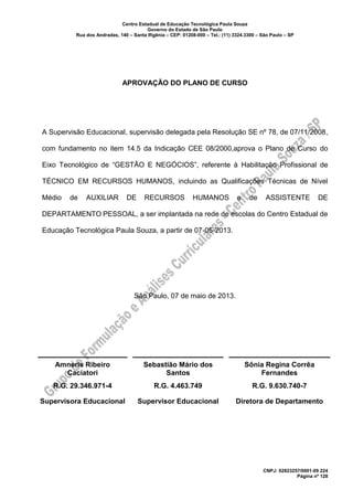 Centro Estadual de Educação Tecnológica Paula Souza
Governo do Estado de São Paulo
Rua dos Andradas, 140 – Santa Ifigênia – CEP: 01208-000 – Tel.: (11) 3324.3300 – São Paulo – SP
CNPJ: 62823257/0001-09 224
Página nº 128
APROVAÇÃO DO PLANO DE CURSO
A Supervisão Educacional, supervisão delegada pela Resolução SE nº 78, de 07/11/2008,
com fundamento no item 14.5 da Indicação CEE 08/2000,aprova o Plano de Curso do
Eixo Tecnológico de “GESTÃO E NEGÓCIOS”, referente à Habilitação Profissional de
TÉCNICO EM RECURSOS HUMANOS, incluindo as Qualificações Técnicas de Nível
Médio de AUXILIAR DE RECURSOS HUMANOS e de ASSISTENTE DE
DEPARTAMENTO PESSOAL, a ser implantada na rede de escolas do Centro Estadual de
Educação Tecnológica Paula Souza, a partir de 07-05-2013.
São Paulo, 07 de maio de 2013.
Amneris Ribeiro
Caciatori
Sebastião Mário dos
Santos
Sônia Regina Corrêa
Fernandes
R.G. 29.346.971-4 R.G. 4.463.749 R.G. 9.630.740-7
Supervisora Educacional Supervisor Educacional Diretora de Departamento
 
