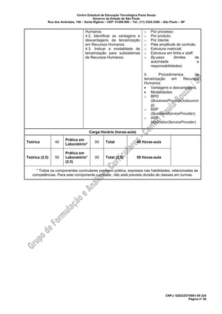 Centro Estadual de Educação Tecnológica Paula Souza
Governo do Estado de São Paulo
Rua dos Andradas, 140 – Santa Ifigênia – CEP: 01208-000 – Tel.: (11) 3324.3300 – São Paulo – SP
CNPJ: 62823257/0001-09 224
Página nº 29
Humanos.
4.2. Identificar as vantagens e
desvantagens da terceirização
em Recursos Humanos.
4.3. Indicar a modalidade de
terceirização para subsistemas
de Recursos Humanos.
o Por processo;
o Por produto;
o Por cliente;
o Pela amplitude de controle;
o Estrutura matricial;
o Estrutura em linha e staff;
o By-pass (limites de
autoridade e
responsabilidades)
4. Procedimentos da
terceirização em Recursos
Humanos:
• Vantagens e desvantagens;
• Modalidades:
o BPO
(BussinesProcessOutsourcin
g);
o BSP
(BussinesServiceProvider);
o ASP
(AplicationServiceProvider)
Carga Horária (horas-aula)
Teórica 40
Prática em
Laboratório*
00 Total 40 Horas-aula
Teórica (2,5) 50
Prática em
Laboratório*
(2,5)
00 Total (2,5) 50 Horas-aula
* Todos os componentes curriculares preveem prática, expressa nas habilidades, relacionadas às
competências. Para este componente curricular, não está prevista divisão de classes em turmas.
 