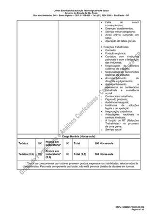 Centro Estadual de Educação Tecnológica Paula Souza
Governo do Estado de São Paulo
Rua dos Andradas, 140 – Santa Ifigênia – CEP: 01208-000 – Tel.: (11) 3324.3300 – São Paulo – SP
CNPJ: 62823257/0001-09 224
Página nº 41
• Falta do aviso/
consequências;
• Doenças/ afastamentos;
• Serviço militar obrigatório;
• Aviso prévio cumprido em
casa;
• Apuração de faltas graves
5. Relações trabalhistas:
• Conceito;
• Posição orgânica;
• Contatos com sindicatos
patronais e com a federação
das indústrias;
• Negociações de acordos
coletivos de trabalho;
• Negociações de convenções
coletivas de trabalho;
• Acompanhamento de
dissídios e julgamentos;
• Acompanhamento e
assessoria ao contencioso
trabalhista e assistência
social:
o Contencioso trabalhista;
o Figura do preposto;
o Audiência inaugural;
o Instâncias de soluções
legais e de apelação
• Negociação trabalhista:
o Articulações nacionais e
centrais sindicais;
o A função de RT (Relações
Trabalhistas) no processo
de uma greve;
o Serviço social
Carga Horária (Horas-aula)
Teórica 100
Prática em
Laboratório*
00 Total 100 Horas-aula
Teórica (2,5) 100
Prática em
Laboratório*
(2,5)
00 Total (2,5) 100 Horas-aula
* Todos os componentes curriculares preveem prática, expressa nas habilidades, relacionadas às
competências. Para este componente curricular, não está prevista divisão de classes em turmas.
 