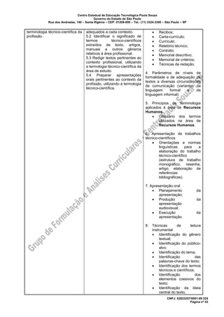 Centro Estadual de Educação Tecnológica Paula Souza
Governo do Estado de São Paulo
Rua dos Andradas, 140 – Santa Ifigênia – CEP: 01208-000 – Tel.: (11) 3324.3300 – São Paulo – SP
CNPJ: 62823257/0001-09 224
Página nº 43
terminologia técnico-científica da
profissão.
adequados a cada contexto.
5.2 Identificar o significado de
termos técnico-científicos
extraídos de texto, artigos,
manuais e outros gêneros
relativos à área profissional.
5.3 Redigir textos pertinentes ao
contexto profissional, utilizando
a termologia técnico-científica da
área de estudo.
5.4 Preparar apresentações
orais pertinentes ao contexto da
profissão, utilizando a termologia
técnico-científica.
• Recibos;
• Carta-currículo;
• Currículo;
• Relatório técnico;
• Contrato;
• Memorial descritivo;
• Memorial de critérios;
• Técnicas de redação.
4. Parâmetros de níveis de
formalidade e de adequação de
textos a diversas circunstâncias
de comunicação (variantes da
linguagem formal e de
linguagem informal)
5. Princípios de terminologia
aplicados à área de Recursos
Humanos
• Glossário dos termos
utilizados na área de
Recursos Humanos.
6. Apresentação de trabalhos
técnico-científicos
• Orientações e normas
linguísticas para a
elaboração do trabalho
técnico-científico
(estrutura de trabalho
monográfico, resenha,
artigo, elaboração de
referências
bibliográficas).
7. Apresentação oral
• Planejamento da
apresentação;
• Produção da
apresentação
audiovisual;
• Execução da
apresentação.
8. Técnicas de leitura
instrumental
• Identificação do gênero
textual;
• Identificação do público-
alvo;
• Identificação do tema;
• Identificação das
palavras-chave do texto;
• Identificação dos termos
técnicos e científicos;
• Identificação dos
elementos coesivos do
texto;
• Identificação da ideia
central do texto;
 