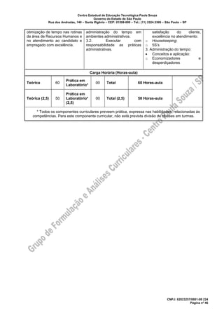 Centro Estadual de Educação Tecnológica Paula Souza
Governo do Estado de São Paulo
Rua dos Andradas, 140 – Santa Ifigênia – CEP: 01208-000 – Tel.: (11) 3324.3300 – São Paulo – SP
CNPJ: 62823257/0001-09 224
Página nº 46
otimização de tempo nas rotinas
da área de Recursos Humanos e
no atendimento ao candidato e
empregado com excelência.
administração do tempo em
ambientes administrativos.
3.2. Executar com
responsabilidade as práticas
administrativas.
satisfação do cliente,
excelência no atendimento:
o Housekeeping;
o 5S’s
3. Administração do tempo:
• Conceitos e aplicação:
o Economizadores e
desperdiçadores
Carga Horária (Horas-aula)
Teórica 60
Prática em
Laboratório*
00 Total 60 Horas-aula
Teórica (2,5) 50
Prática em
Laboratório*
(2,5)
00 Total (2,5) 50 Horas-aula
* Todos os componentes curriculares preveem prática, expressa nas habilidades, relacionadas às
competências. Para este componente curricular, não está prevista divisão de classes em turmas.
 