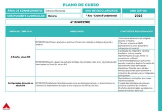 PLANO DE CURSO
ÁREA DE CONHECIMENTO: Ciências Humanas
COMPONENTE CURRICULAR: História
ANO LETIVO:
2022
ANO DE ESCOLARIDADE:
º Ano – Ensino Fundamental
UNIDADE TEMÁTICA HABILIDADE CONTEÚDOS RELACIONADOS
O Brasil no século XIX
(EF08HI21) Identificar e analisaras políticas oficiais com relação ao indígena durante o
Império.
Políticas de extermínio do indígena
durante o Império.
O Decreto imperial de 1845 (
praticamente o único documento
indigenista do Império).
(EF08HI22) Discutir o papel das culturas letradas, não letradas e das artes na produção das
identidades no Brasil do século XIX.
A produção do imaginário nacional
brasileiro: cultura popular,
representações visuais,letras e o
romantismo no Brasil.
A diversificada produção cultural do
período imperialno bojo da formação do
nacionalismo e das identidades
brasileiras.Estende-se às obras e
festejos populares que traziam em si
conjuntos de valores negros, indígenas e
portugueses.
Configurações do mundo no
século XIX
(EF08HI23) Estabelecer relações causais entre as ideologias raciais e o determinismo no
contexto do imperialismo europeu e seus impactos na África e na Ásia.
Nacionalismo, revoluções e as novas
nações europeias.
O papel das ideologias raciais para
justificar o domínio do Ocidente.
Os efeitos da dominação europeia nos
países africanos e asiáticos.
4º BIMESTRE
 