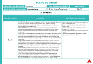 PLANO DE CURSO
ÁREA DE CONHECIMENTO: Linguagens
COMPONENTE CURRICULAR: Educação Física
ANO LETIVO:
2022
ANO DE ESCOLARIDADE:
9º Ano – Ensino Fundamental
UNIDADE TEMÁTICA HABILIDADE CONTEÚDOS RELACIONADOS
Esportes
(EF89EF01P9) - Experimentar, fruir e avaliar os diferentes papéis (jogador, árbitro e
técnico) nos esportes de rede/parede, campo e taco, invasão e combate,
valorizando o trabalho coletivo, a inclusão e a cooperação e aprimorando seus
conhecimentos técnicos e táticos.
(EF89EF02P9) - Praticar um ou mais esportes de rede/parede, campo e taco,
invasão e combate oferecidos pela escola, usando habilidades técnico-táticas
básicas, diferenciando as habilidades motoras necessárias para a prática da
modalidade.
(EF89EF03P9) - Formular e utilizar estratégias para solucionar os desafios técnicos
e táticos, tanto nos esportes de campo e taco, rede/parede, invasão e combate
como nas modalidades esportivas escolhidas para praticar de forma específica,
propondo uma investigação das origens, regras e materiais necessários à prática da
modalidade.
(EF89EF04P9) - Identificar os elementos técnicos ou técnico-táticos individuais,
combinações táticas, sistemas de jogo e regras das modalidades esportivas
praticadas, bem como diferenciar as modalidades esportivas com base nos critérios
da lógica interna das categorias de esporte: rede/parede, campo e taco, invasão e
combate
(EF89EF05P9) - Identificar as transformações históricas do fenômeno esportivo
problematizando o doping, a corrupção, a violência etc., interpretando a forma
como as mídias os apresentam, reconhecendo e refletindo sobre situações de
violência no esporte, manifestada entre atletas e torcedores.
(EF89EF06P9) - Verificar locais disponíveis na comunidade para a prática de
esportes e das demais práticas corporais tematizadas na escola, propondo
alternativaspara utilizá-los no tempo livre em parceria com a comunidade escolar,
como possibilidade de aquisição e manutenção da saúde e qualidade de vida.
Esportes de rede/parede, campo e taco o papel do
árbitro, jogador e técnico.
Táticas e regras dos esportes de rede/parede,
campo e taco.
Esportes ao longo do tempo: Doping, violência,
patrocínio, entre outros.
Esportes: habilidades motoras, capacidades físicas
e táticas.
Esportes de rede/parede, campo e taco: regras.
Esportes colaborativos e individuais
2º BIMESTRE
 