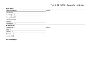 PLANO DE CURSO . Geografia ANO 2012
V- RECURSOS
Caderno do aluno ( )    Outros:
Datashow ( )
Quadro/giz ( )
Livro didático ( )
Jornais, revistas ( )
Mídias ( )
Computador ( )
VI- AVALIAÇÃO
Diagnóstica ( )         Outros:
Oral ( )
Writing ( )
Speaking ( )
Atitudinal ( )

VII - BIBLIOGRAFIA
 