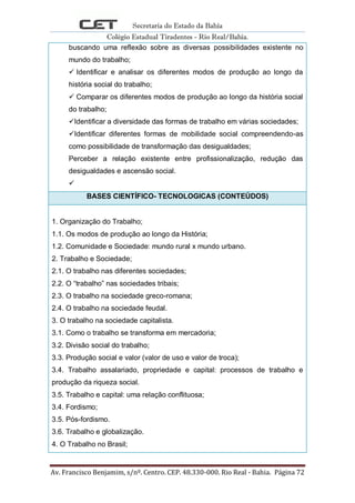 Secretaria do Estado da Bahia
Colégio Estadual Tiradentes - Rio Real/Bahia.
Av. Francisco Benjamim, s/nº. Centro. CEP. 48.330-000. Rio Real - Bahia. Página 72
buscando uma reflexão sobre as diversas possibilidades existente no
mundo do trabalho;
 Identificar e analisar os diferentes modos de produção ao longo da
história social do trabalho;
 Comparar os diferentes modos de produção ao longo da história social
do trabalho;
Identificar a diversidade das formas de trabalho em várias sociedades;
Identificar diferentes formas de mobilidade social compreendendo-as
como possibilidade de transformação das desigualdades;
Perceber a relação existente entre profissionalização, redução das
desigualdades e ascensão social.

BASES CIENTÍFICO- TECNOLOGICAS (CONTEÚDOS)
1. Organização do Trabalho;
1.1. Os modos de produção ao longo da História;
1.2. Comunidade e Sociedade: mundo rural x mundo urbano.
2. Trabalho e Sociedade;
2.1. O trabalho nas diferentes sociedades;
2.2. O ―trabalho‖ nas sociedades tribais;
2.3. O trabalho na sociedade greco-romana;
2.4. O trabalho na sociedade feudal.
3. O trabalho na sociedade capitalista.
3.1. Como o trabalho se transforma em mercadoria;
3.2. Divisão social do trabalho;
3.3. Produção social e valor (valor de uso e valor de troca);
3.4. Trabalho assalariado, propriedade e capital: processos de trabalho e
produção da riqueza social.
3.5. Trabalho e capital: uma relação conflituosa;
3.4. Fordismo;
3.5. Pós-fordismo.
3.6. Trabalho e globalização.
4. O Trabalho no Brasil;
 