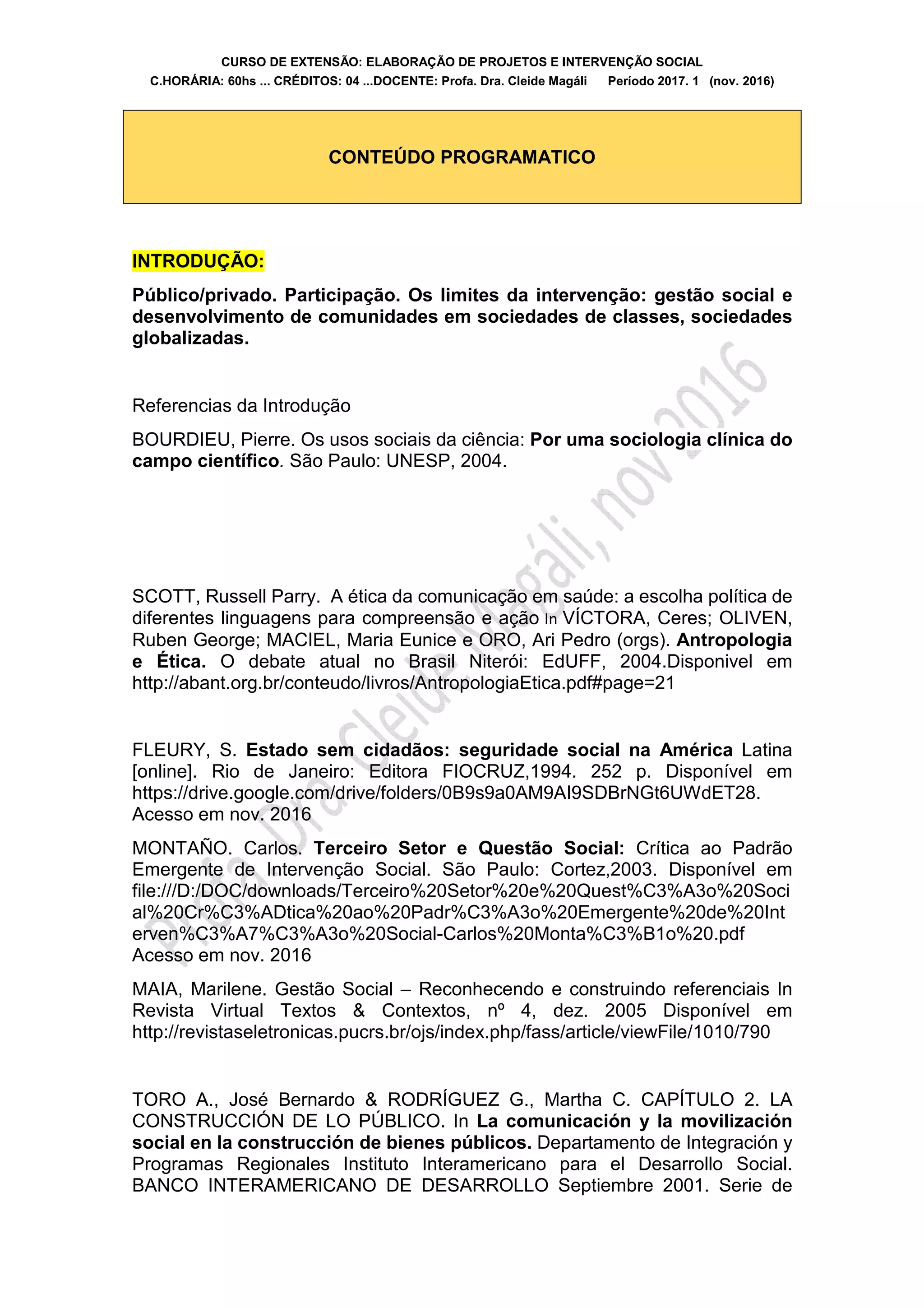 Plano de Curso de Elaboração de projeto e intervenção social 2017.1 | PDF