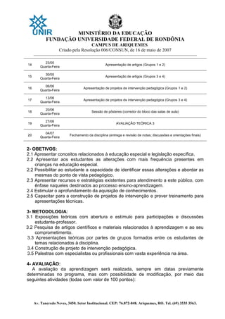 MINISTÉRIO DA EDUCAÇÃO
FUNDAÇÃO UNIVERSIDADE FEDERAL DE RONDÔNIA
CAMPUS DE ARIQUEMES
Criado pela Resolução 006/CONSUN, de 16 de maio de 2007
_______________________________________________________________________________________________________________
Av. Tancredo Neves, 3450. Setor Institucional. CEP: 76.872-848. Ariquemes, RO. Tel. (69) 3535 3563.
14
23/05
Quarta-Feira
Apresentação de artigos (Grupos 1 e 2)
15
30/05
Quarta-Feira
Apresentação de artigos (Grupos 3 e 4)
16
06/06
Quarta-Feira
Apresentação de projetos de intervenção pedagógica (Grupos 1 e 2)
17
13/06
Quarta-Feira
Apresentação de projetos de intervenção pedagógica (Grupos 3 e 4)
18
20/06
Quarta-Feira
Sessão de pôsteres (corredor do bloco das salas de aula)
19
27/06
Quarta-Feira
AVALIAÇÃO TEÓRICA 3
20
04/07
Quarta-Feira
Fechamento da disciplina (entrega e revisão de notas; discussões e orientações finais)
2- OBETIVOS:
2.1 Apresentar conceitos relacionados à educação especial e legislação específica.
2.2 Apresentar aos estudantes as alterações com mais frequência presentes em
crianças na educação especial.
2.2 Possibilitar ao estudante a capacidade de identificar essas alterações e abordar as
mesmas do ponto de vista pedagógico.
2.3 Apresentar recursos e estratégias existentes para atendimento a este público, com
ênfase naqueles destinados ao processo ensino-aprendizagem.
2.4 Estimular o aprofundamento da aquisição de conhecimentos.
2.5 Capacitar para a construção de projetos de intervenção e prover treinamento para
apresentações técnicas.
3- METODOLOGIA:
3.1 Exposições teóricas com abertura e estímulo para participações e discussões
estudante-professor.
3.2 Pesquisa de artigos científicos e materiais relacionados à aprendizagem e ao seu
comprometimento.
3.3 Apresentações teóricas por partes de grupos formados entre os estudantes de
temas relacionados à disciplina.
3.4 Construção de projeto de intervenção pedagógica.
3.5 Palestras com especialistas ou profissionais com vasta experiência na área.
4- AVALIAÇÃO:
A avaliação da aprendizagem será realizada, sempre em datas previamente
determinadas no programa, mas com possibilidade de modificação, por meio das
seguintes atividades (todas com valor de 100 pontos):
 