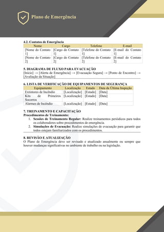 Plano de Emergência
4.2. Contatos de Emergência
Nome Cargo Telefone E-mail
[Nome do Contato
1]
[Cargo do Contato
1]
[Telefone do Contato
1]
[E-mail do Contato
1]
[Nome do Contato
2]
[Cargo do Contato
2]
[Telefone do Contato
2]
[E-mail do Contato
2]
5. DIAGRAMA DE FLUXO PARA EVACUAÇÃO
[Início] → [Alerta de Emergência] → [Evacuação Segura] → [Ponto de Encontro] →
[Avaliação da Situação]
6. LISTA DE VERIFICAÇÃO DE EQUIPAMENTOS DE SEGURANÇA
Equipamento Localização Estado Data da Última Inspeção
Extintores de Incêndio [Localização] [Estado] [Data]
Kits de Primeiros
Socorros
[Localização] [Estado] [Data]
Alarmes de Incêndio [Localização] [Estado] [Data]
7. TREINAMENTO E CAPACITAÇÃO
Procedimentos de Treinamento:
1. Sessões de Treinamento Regular: Realize treinamentos periódicos para todos
os colaboradores sobre procedimentos de emergência.
2. Simulações de Evacuação: Realize simulações de evacuação para garantir que
todos estejam familiarizados com os procedimentos.
8. REVISÃO E ATUALIZAÇÃO
O Plano de Emergência deve ser revisado e atualizado anualmente ou sempre que
houver mudanças significativas no ambiente de trabalho ou na legislação.
 