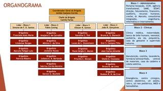 ORGANOGRAMA
Coordenador Geral da Brigada
Anildo Caetano Corrêa
Chefe da Brigada
Camila Farias
Líder – Bloco 3
Eliezer R. Gomes
Brigadista
Franciele Atais Werle
Brigadista
Lindomar Borges
Brigadista
Marcelo Felippi Lutz
Brigadista
Patrícia Ribeiro
Brigadista
Mônica C. da Silva
Brigadista
Josilaine Nunes
Brigadista
Juliana A. B. Berlanda
Brigadista
Sabrina Corrêa Moreira
Brigadista
Gerson G. Muxfeld
Brigadista
Karoline C. Trai
Brigadista
Lucas de L. Granemann
Brigadista
Priscilla C. Moraes
Brigadista
Bruno A. G. Bianechi
Brigadista
Enir S. Campos Filho
Brigadista
Gisele A. Cousseau
Brigadista
Bruno R. de Lima
Líder – Bloco 4
João R. Gonçalves
Bloco 1 – Administrativo
Portaria/recepção, CCIH, agência
transfusional, SAME, SESMT,
direção, faturamento, financeiro,
auditório, recursos humanos,
creche, dr. Marcelo, consultórios
integrados, engenharia,
informática e internamento.
Bloco 2 – Clínicas
Clínica médica, maternidade,
banco de leite humano, neonatal,
pediatria, ala vip, psiquiatria,
casa da gestante e supervisão
noturna.
Bloco 3
Manutenção, cozinha, lavanderia,
farmácia/almoxarifado, central
de materiais, casa da caldeira e
coleta seletiva.
Bloco 4
Emergência, centro cirúrgico,
centro obstétrico, uti adulto,
raio-x, uti neo pediátrica, IMED e
hemodiálise.
Líder – Bloco 2
Fábio Coning
Líder – Bloco 1
Simone de F. D. Santos
Brigadista
Anajara S. de Carvalho
Brigadista
Jean Carlos Almeida
Brigadista
Paulo Sérgio C. Morais
Brigadista
Rudson R. N. da Cruz
 